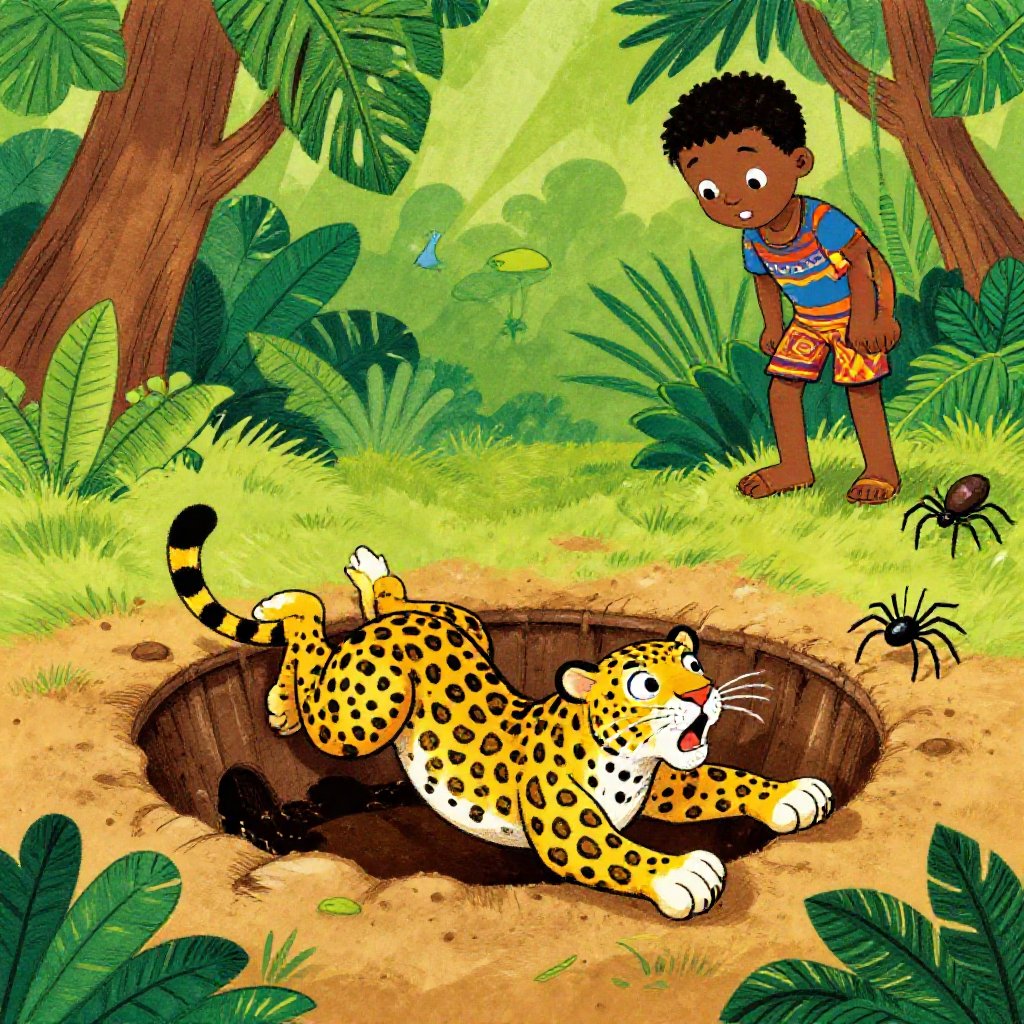 Osebo the leopard hanging upside down from two bent saplings, while beside the odum tree a small wooden doll sits with a bowl of yam, Mmoatia's hands stuck fast to it