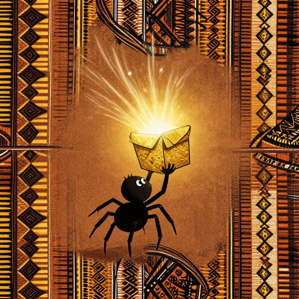 Anansi the spider holding a glowing wooden box, very pleased with himself