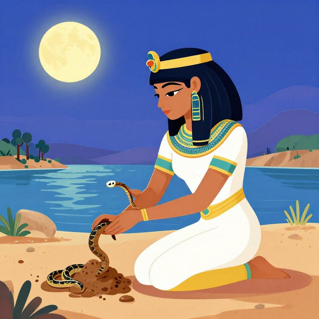 Isis kneeling in the dust of the Nile path, collecting something into a small clay pot, watching Ra pass in the distance