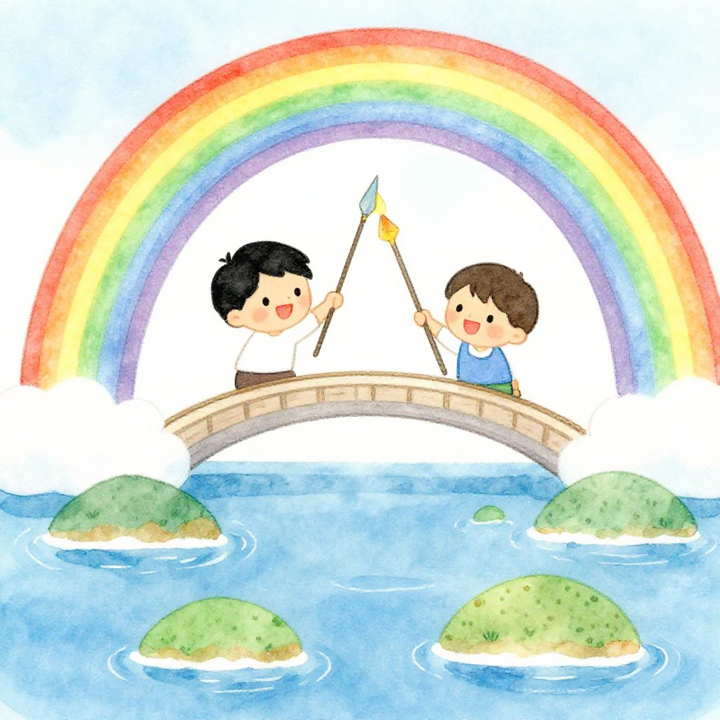 Izanagi and Izanami on the floating bridge of heaven, stirring the ocean with a jeweled spear, the islands of Japan forming below