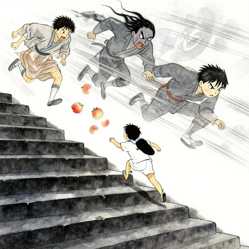 Izanagi running up the dark path, throwing his headdress behind him, grapes growing where it lands, the Shikome close behind