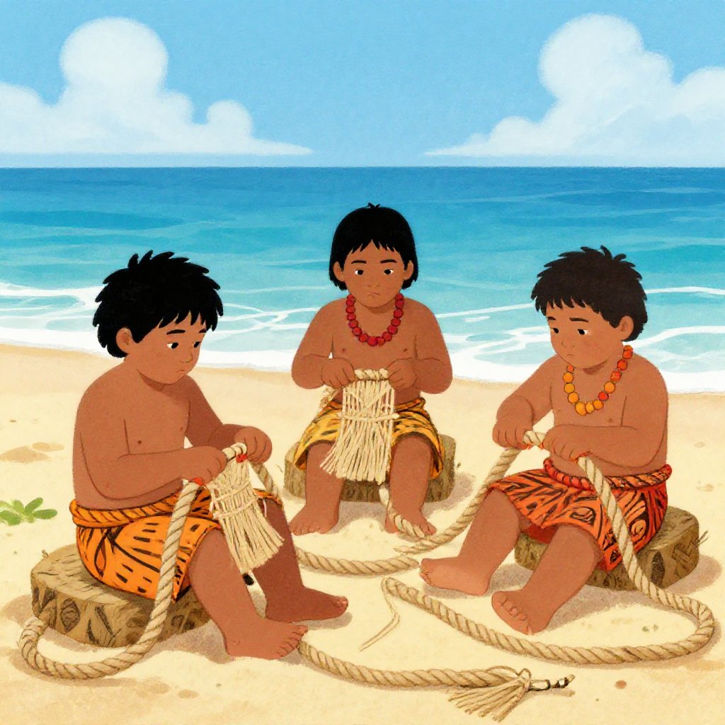 Maui braiding a massive rope by firelight through the night, coils of cord and twisted flax spread around him, his brothers watching skeptically from the doorway