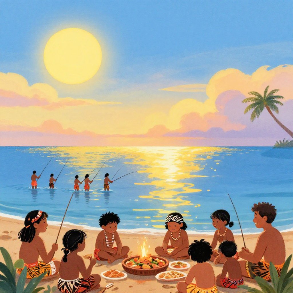 Polynesian fishermen hauling full nets in golden afternoon light, their village visible on the shore, the long day stretching out behind them over a calm Pacific sea