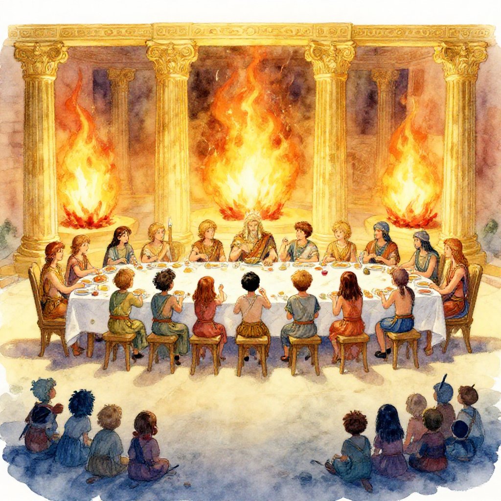 Humans huddled in a dark cave, cold, while fire blazes in the distant halls of Olympus