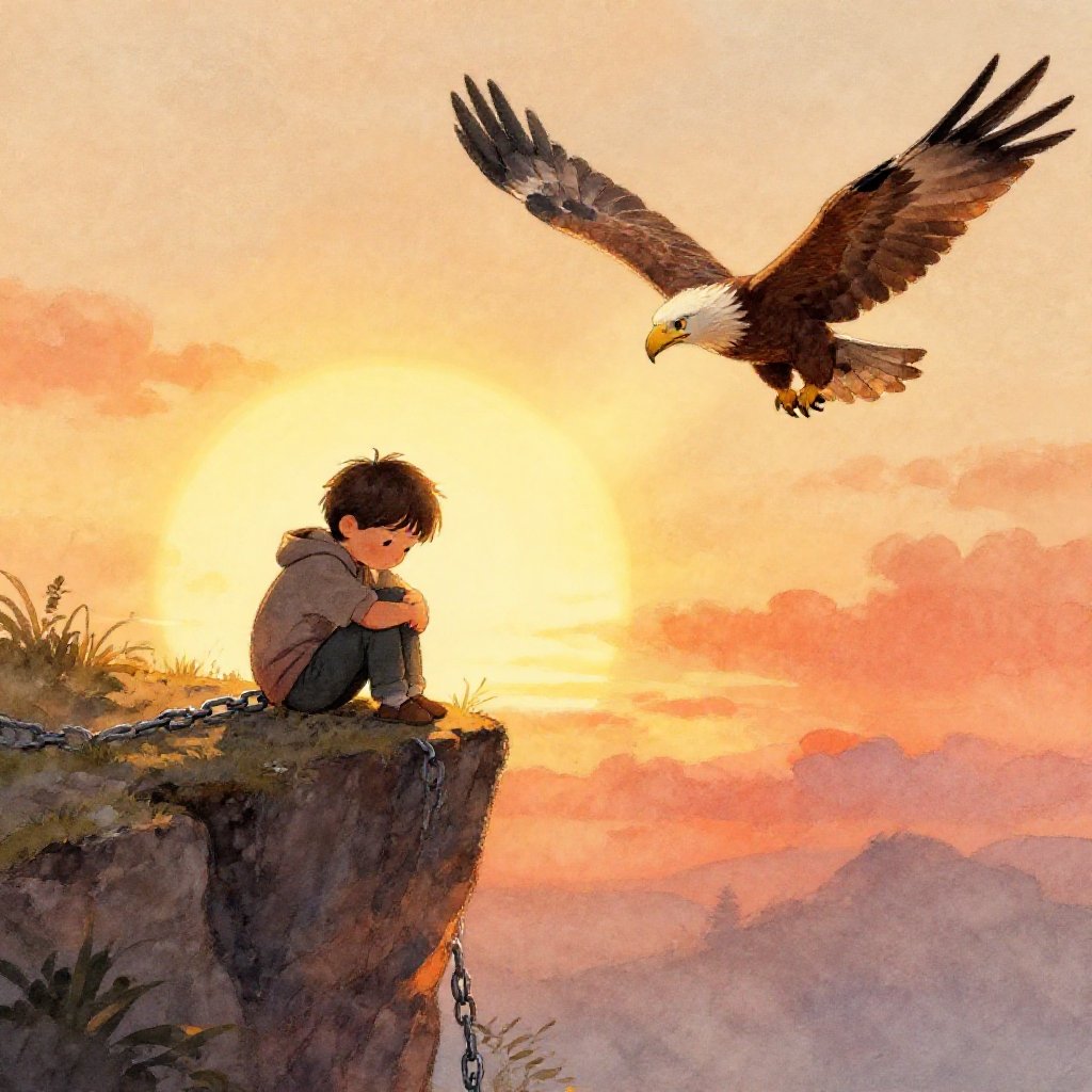 A vast eagle descending on Prometheus chained to a cliff face, its shadow falling across the stone