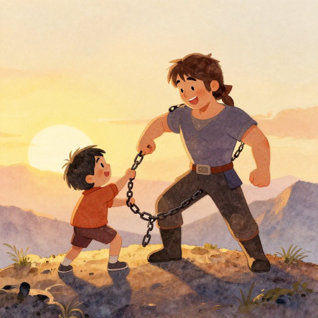 Heracles and Prometheus sitting at the edge of the cliff sharing a fire, the valley spread far below them