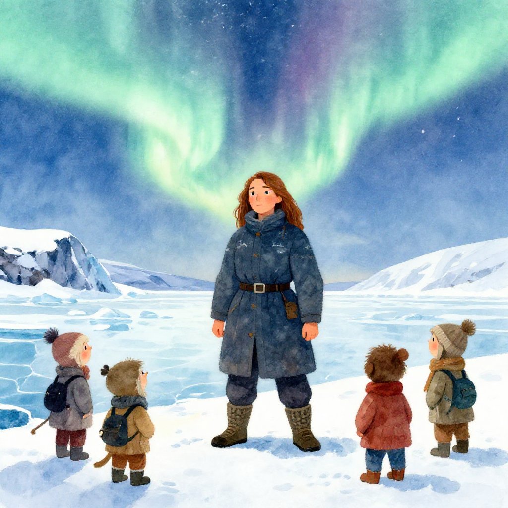 A young Inuit woman standing at the edge of an Arctic shore, watching a stranger's boat approach across grey water while her village sits distant behind her