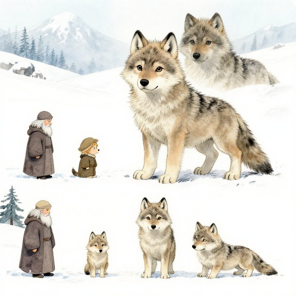 Fenrir as a pup in Asgard, already larger than the gods watching him, Tyr standing nearby with meat