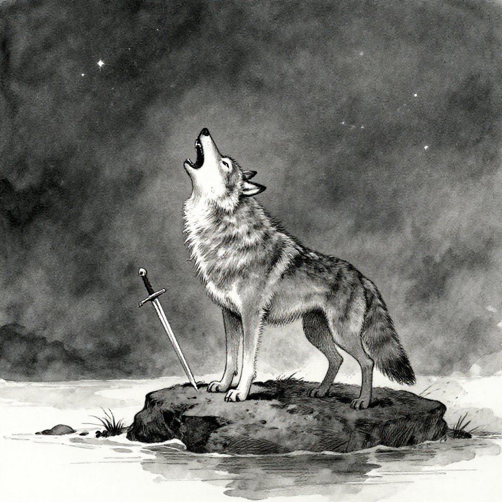 A Norse longship sailing at dusk, small against vast open water, distant fires on shore, the horizon dark and open