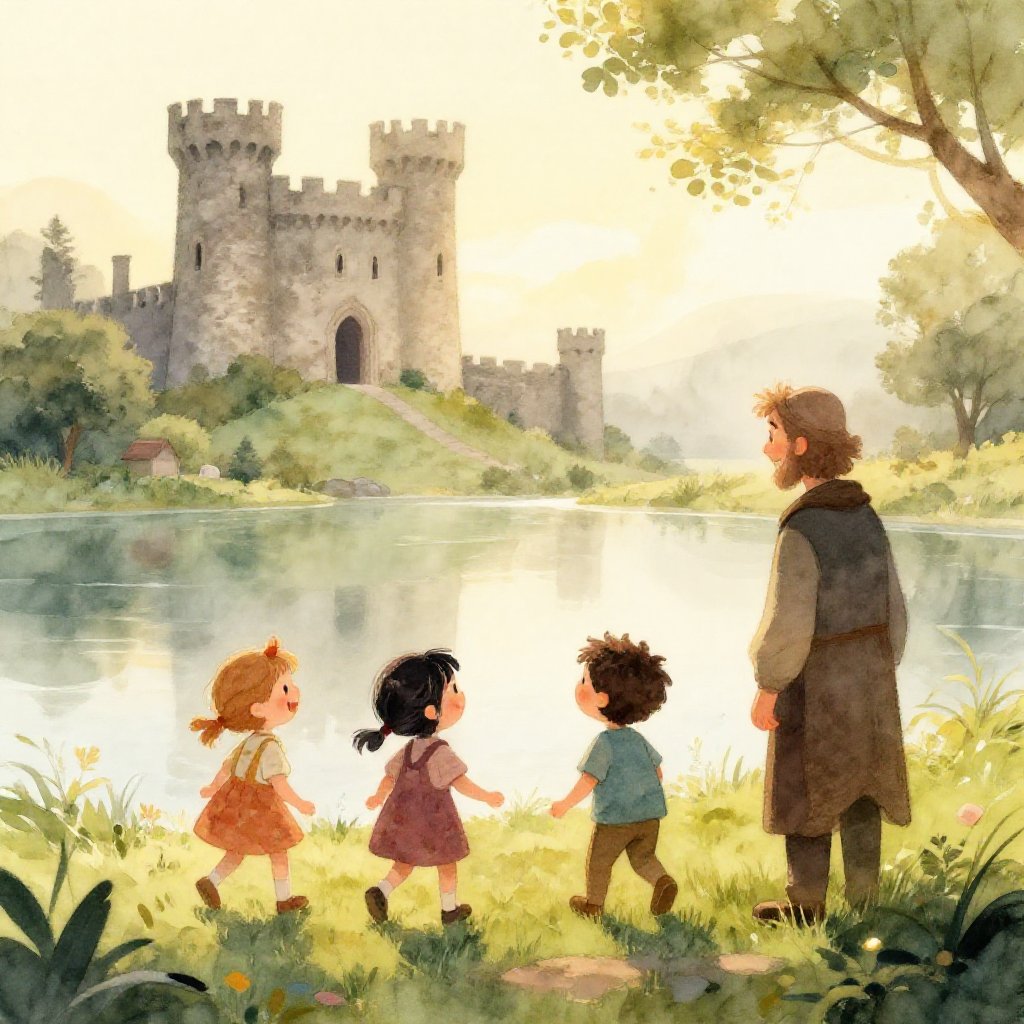 Lir's hall by the sea, four children playing outside, Aoife watching from the doorway with an unreadable expression