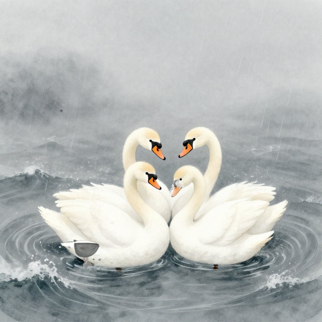 Lir sitting at the water's edge at dusk, four swans floating close, Fionnuala singing, other gods listening from the shore