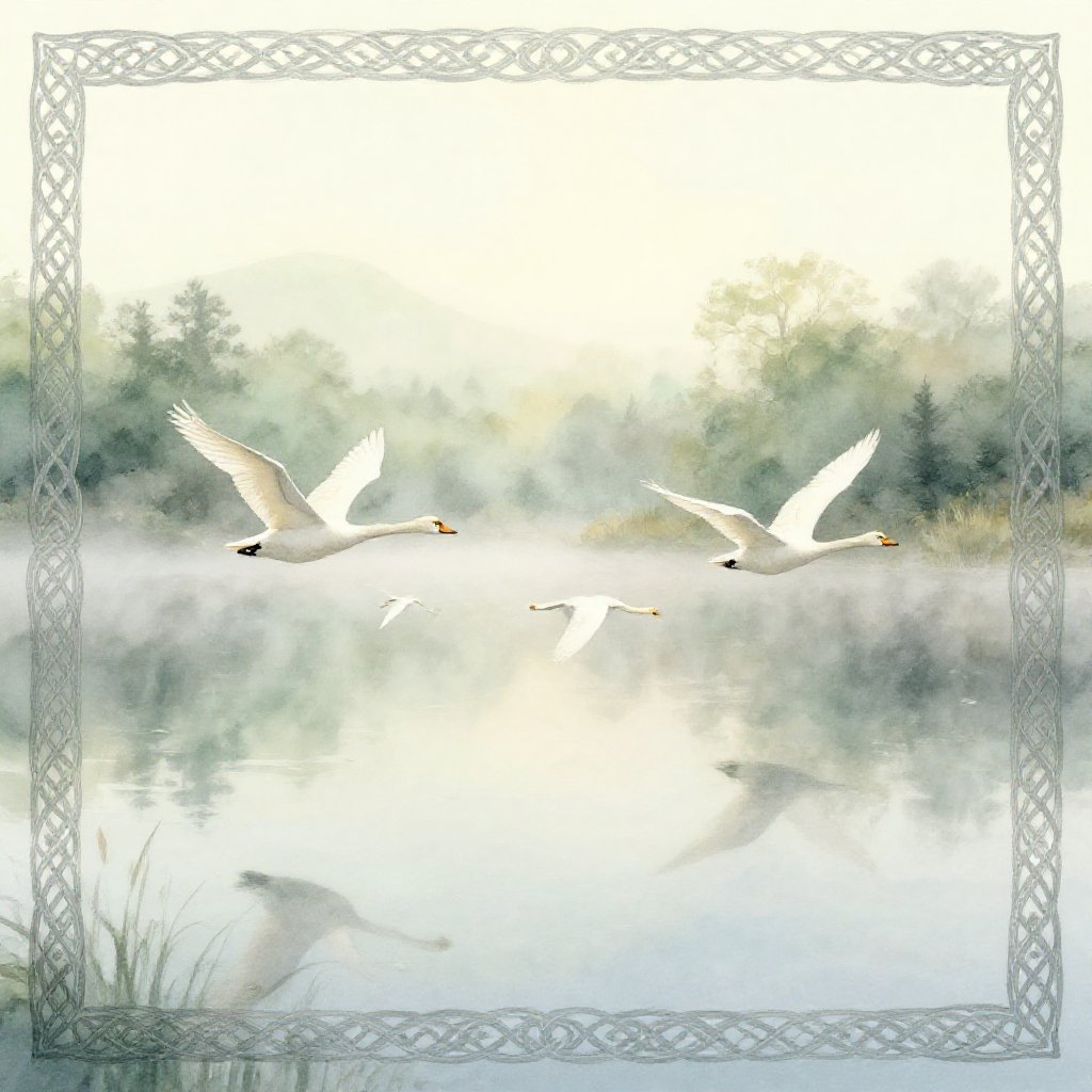 Four white swans on a silver lake, one of them singing, mist on the water