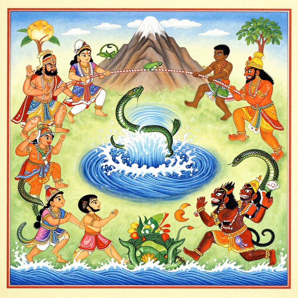 Gods and demons pulling opposite ends of the great serpent Vasuki wrapped around Mount Mandara