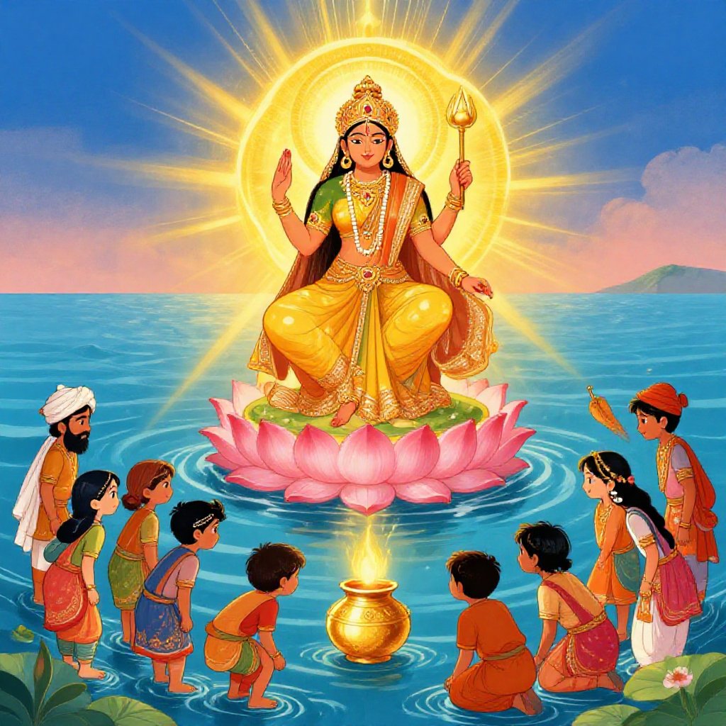 The beautiful Mohini pouring nectar into the mouths of gods while demons wait in a line that is ending badly for them