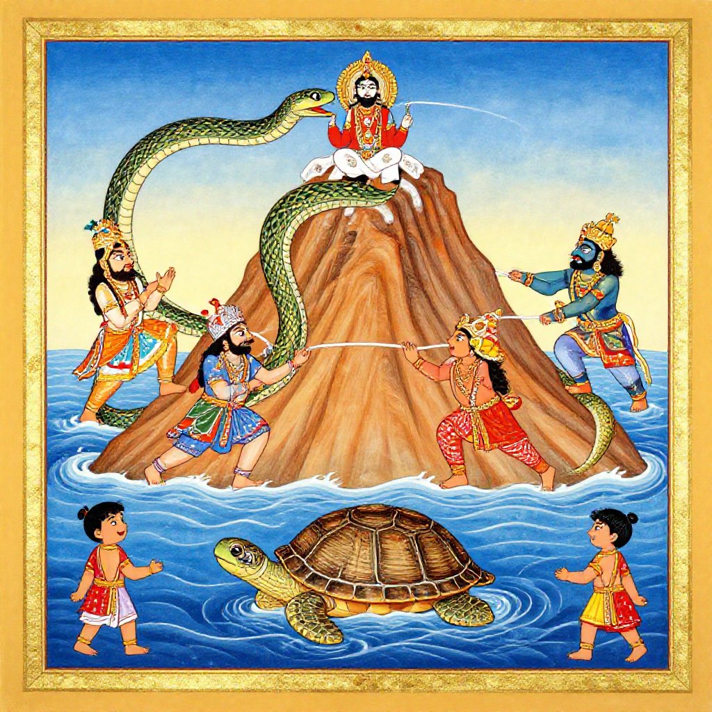 Gods and demons pulling a giant serpent like a rope around a mountain in the sea