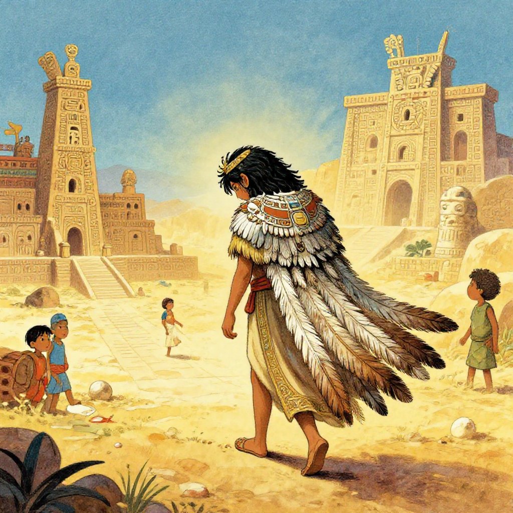 Quetzalcoatl standing at the edge of the eastern sea at night, a pyre burning before him, the people of Tula gathered at a distance watching their god leave the world